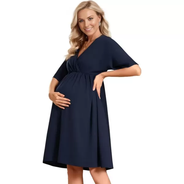 EverPretty Womens V Neck Half Sleeves A Line Knee Length Wrap Dress Casual Dresses Maternity Dresses 01801USANavy Blue