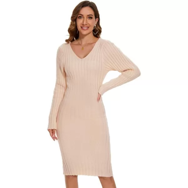 EverPretty Womens V Neck Long Sleeve Cable Knit Bodycon Pullover Knee Length Sweater Dresses 40392Beige