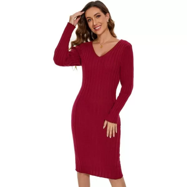 EverPretty Womens V Neck Long Sleeve Cable Knit Bodycon Pullover Knee Length Sweater Dresses 40392Burgundy