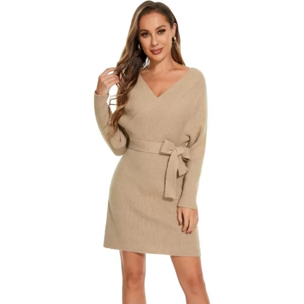 EverPretty Womens V Neck Long Sleeve Knit Bodycon Knee Length Sweater Dresses 40393Mushroom