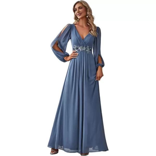 EverPretty Womens V Neck Long Sleeves Floor Length Ruched Chiffon Formal Dress 00461Haze Blue