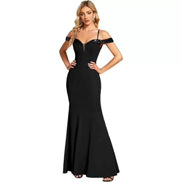 EverPretty Womens V Neck Off Shoulder Sequin Sleeves Mermaid Floor Length Maxi Evening Dresses 01737Black