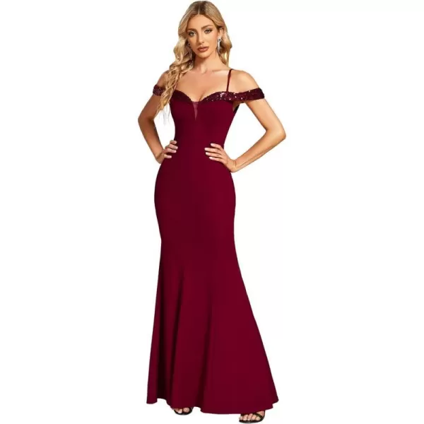 EverPretty Womens V Neck Off Shoulder Sequin Sleeves Mermaid Floor Length Maxi Evening Dresses 01737Burgundy