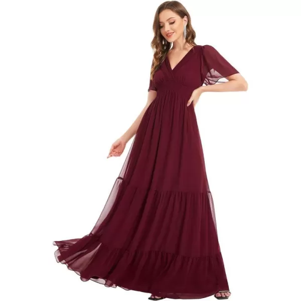 EverPretty Womens V Neck Pleated Lace up Tiered A Line Chiffon Maxi Formal Dresses 01506Burgundy