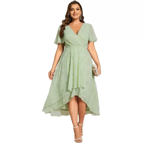 EverPretty Womens V Neck Pleated Plus Size Ruffle Sleeves High Low Semi Formal Dresses 02084DAPHLight Green Roses