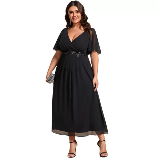 EverPretty Womens V Neck Pleated Plus Size Ruffles Sleeves Tea Length Wedding Guest Dresses 02093Black