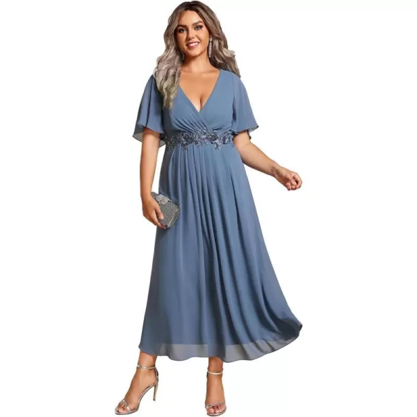 EverPretty Womens V Neck Pleated Plus Size Ruffles Sleeves Tea Length Wedding Guest Dresses 02093Dusty Navy