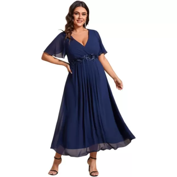 EverPretty Womens V Neck Pleated Plus Size Ruffles Sleeves Tea Length Wedding Guest Dresses 02093Navy Blue