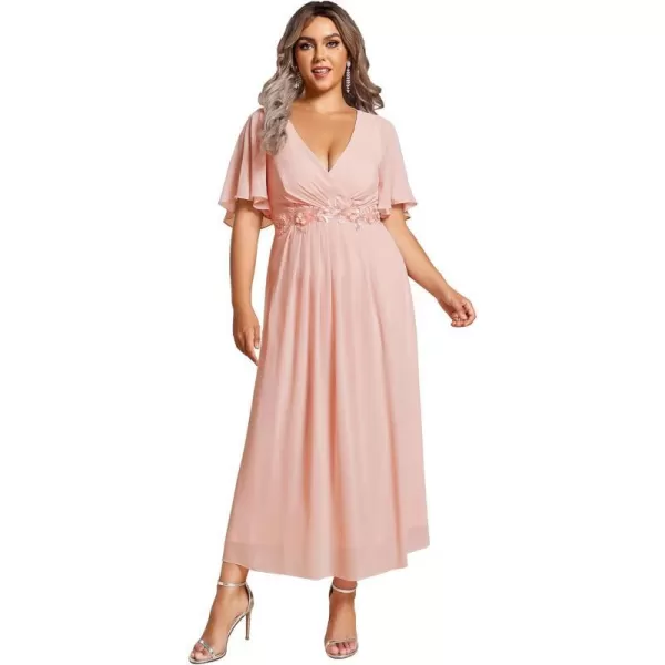 EverPretty Womens V Neck Pleated Plus Size Ruffles Sleeves Tea Length Wedding Guest Dresses 02093Pink