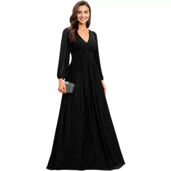 EverPretty Womens V Neck Ruched High Waist Long Sleeves Floor Length Glitter Evening Dresses 01961Black