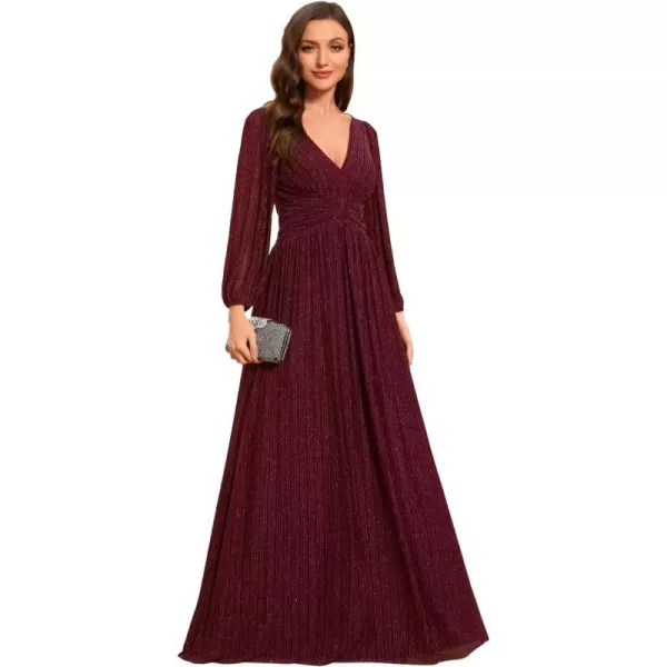 EverPretty Womens V Neck Ruched High Waist Long Sleeves Floor Length Glitter Evening Dresses 01961Burgundy