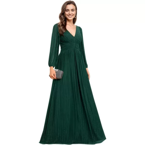 EverPretty Womens V Neck Ruched High Waist Long Sleeves Floor Length Glitter Evening Dresses 01961Deep Green