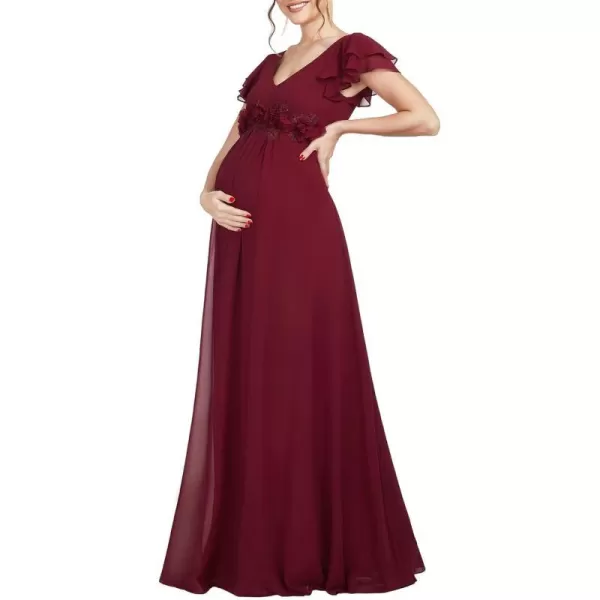 EverPretty Womens V Neck Ruffle Sleeve Backless Embroidered A Line Chiffon Maternity Bridesmaid Dress 01652EYBurgundy