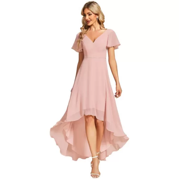 EverPretty Womens V Neck Ruffle Sleeve Lotus Leaf Asymmetry Hem High Low Chiffon Formal Dresses 01748Pink