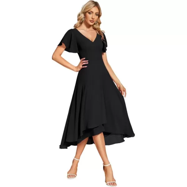 EverPretty Womens V Neck Ruffle Sleeves Irregular Chiffon ALine Midi Wedding Guest Dresses 01756Black