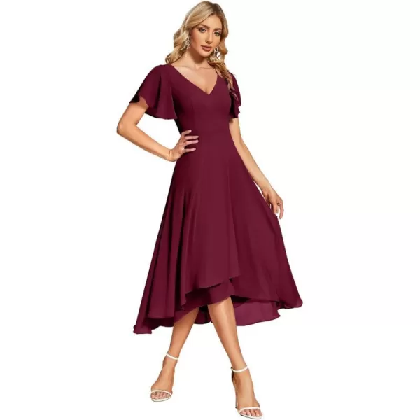 EverPretty Womens V Neck Ruffle Sleeves Irregular Chiffon ALine Midi Wedding Guest Dresses 01756Burgundy