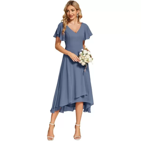 EverPretty Womens V Neck Ruffle Sleeves Irregular Chiffon ALine Midi Wedding Guest Dresses 01756Dusty Navy