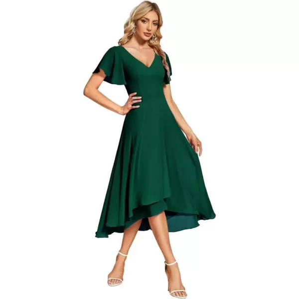 EverPretty Womens V Neck Ruffle Sleeves Irregular Chiffon ALine Midi Wedding Guest Dresses 01756Green