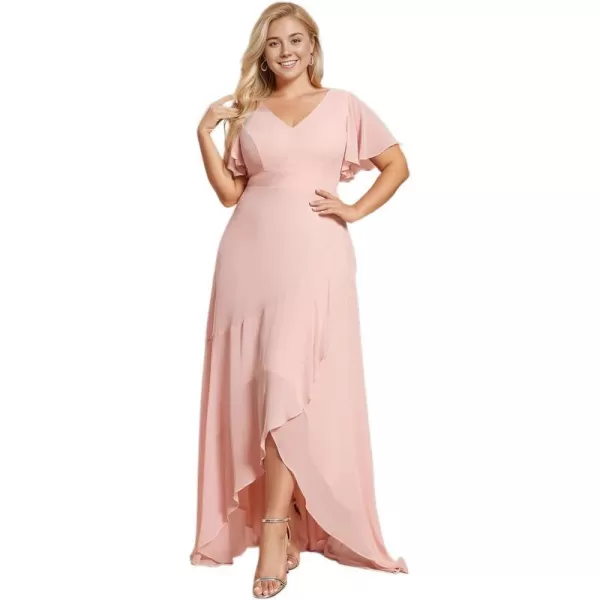 EverPretty Womens V Neck Ruffles Aline Chiffon Plus Size Curvy Semi Formal Dresses with SleevesPink