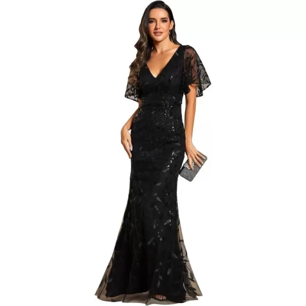 EverPretty Womens V Neck Short Bridesmaid Dress Sleeve Sparkly Embroidery Wedding Party Gown 0692Black