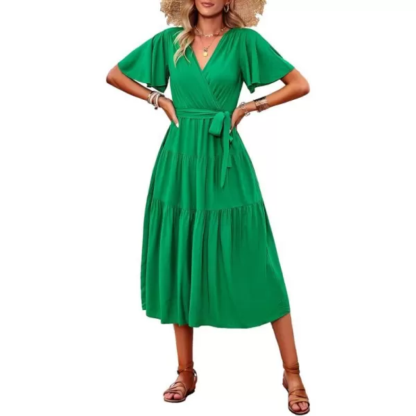 EverPretty Womens V Neck Short Sleeve Sash Ruffle Hem A Line FloorLength Flowy Summer Dresses 40406Green