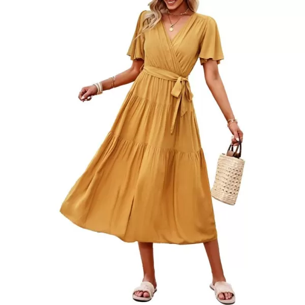 EverPretty Womens V Neck Short Sleeve Sash Ruffle Hem A Line FloorLength Flowy Summer Dresses 40406Yellow