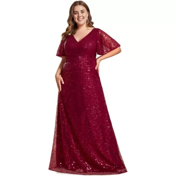 EverPretty Womens V Neck Short Sleeves Plus Size Sequin A Line Maxi Evening DressesAburgundy