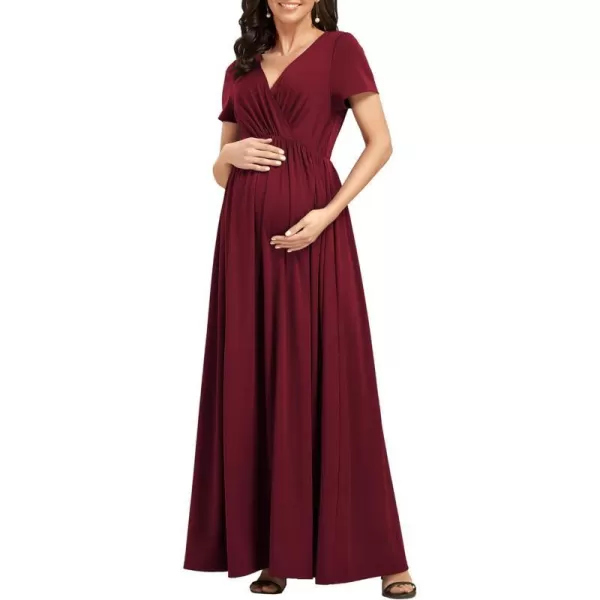 EverPretty Womens V Neck Short Sleeves Ruched Waist A Line Floor Length Maxi Maternity Dress Wrap Dress 01800EYBurgundy