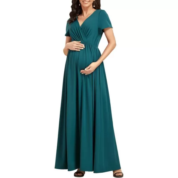 EverPretty Womens V Neck Short Sleeves Ruched Waist A Line Floor Length Maxi Maternity Dress Wrap Dress 01800EYTeal