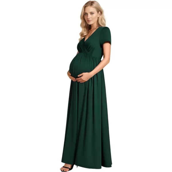 EverPretty Womens V Neck Short Sleeves Ruched Waist A Line Floor Length Maxi Maternity Dress Wrap Dress 01800USADark Green