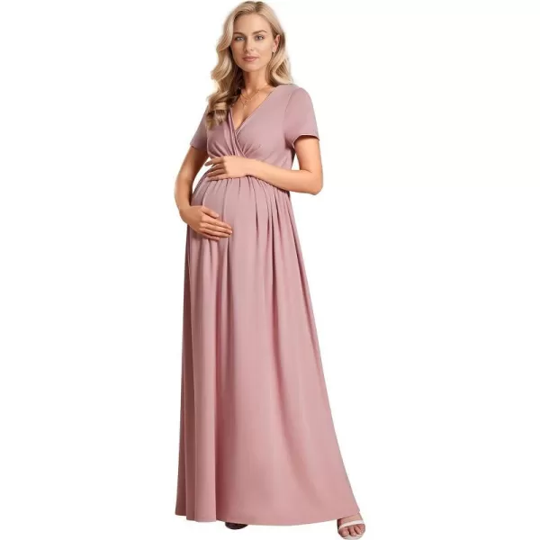 EverPretty Womens V Neck Short Sleeves Ruched Waist A Line Floor Length Maxi Maternity Dress Wrap Dress 01800USADusty Rose