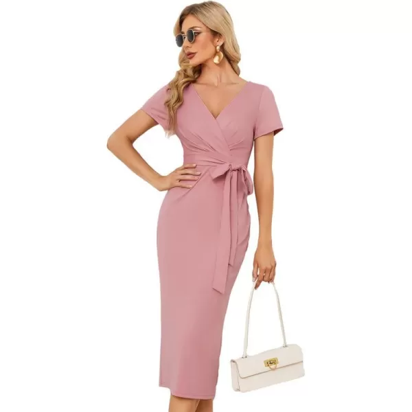 EverPretty Womens V Neck Short Sleeves Wrap Pleated Spring Midi Sheath Dresses 01783Dusty Rose