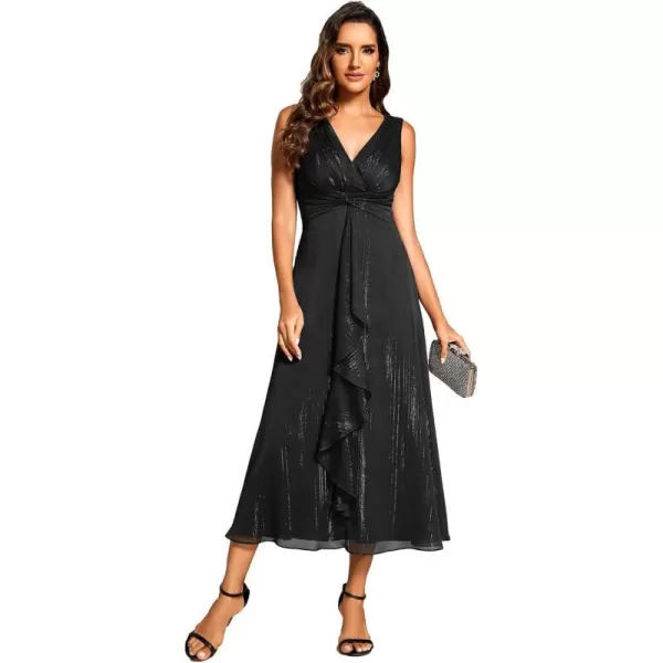 EverPretty Womens V Neck Sleeveless Pleated A Line Summer Dresses Midi Wedding Guest Dresses 11977Black