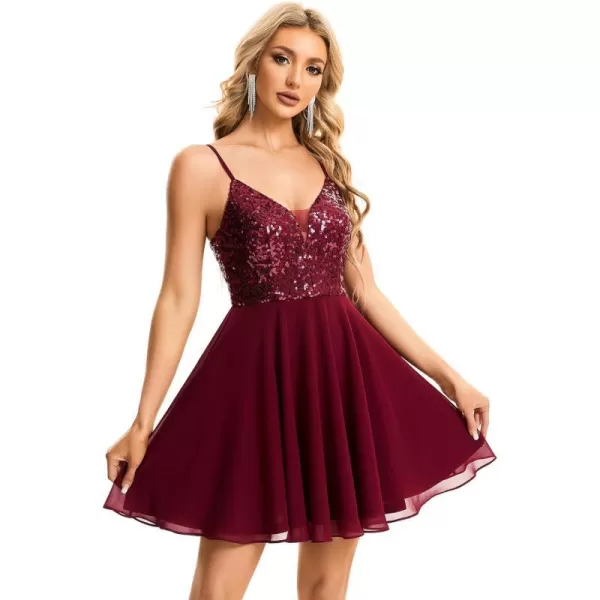 EverPretty Womens V Neck Spaghetti Strap Open Back Sequin A Line KneeLength Wedding Guest Dresses 01740Burgundy