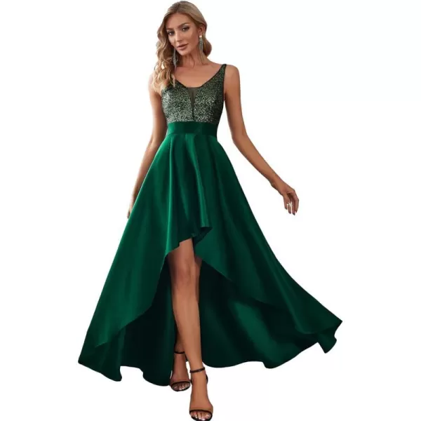 EverPretty Womens VNeck Aline HighLow Party Dress Long Evening Dress 0667Dark Green