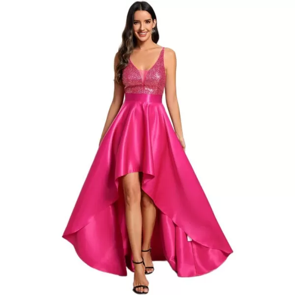 EverPretty Womens VNeck Aline HighLow Party Dress Long Evening Dress 0667Hot Pink