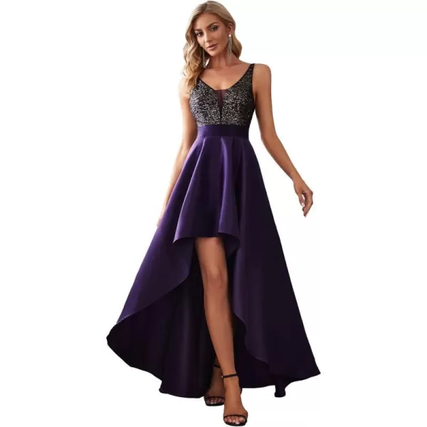 EverPretty Womens VNeck Aline HighLow Party Dress Long Evening Dress 0667Purple