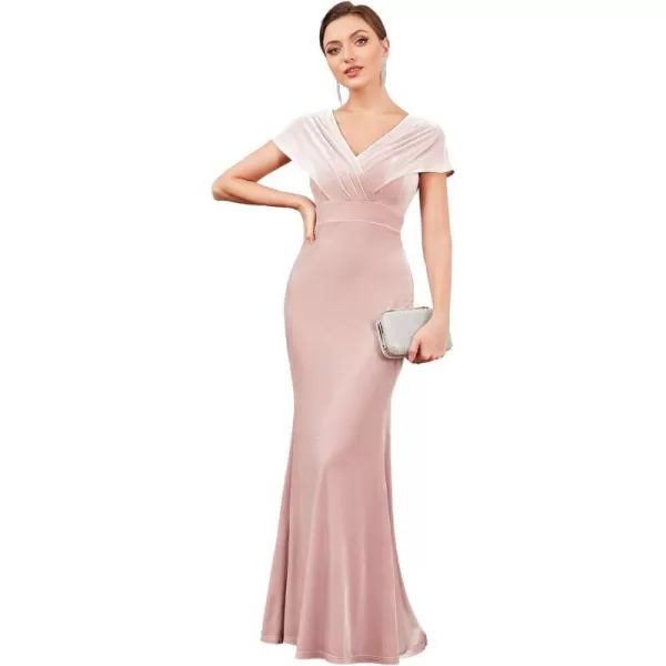 EverPretty Womens VNeck Cap Sleeves Backless Ruched Memaid Velvet Maxi Evening Dress 01474Pink