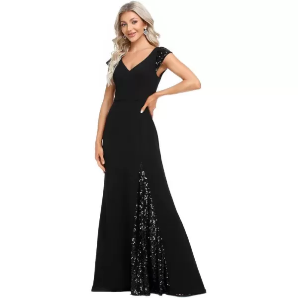 EverPretty Womens VNeck Cap Sleeves Sequin Mermaid FloorLength Evening Dresses 01586Black