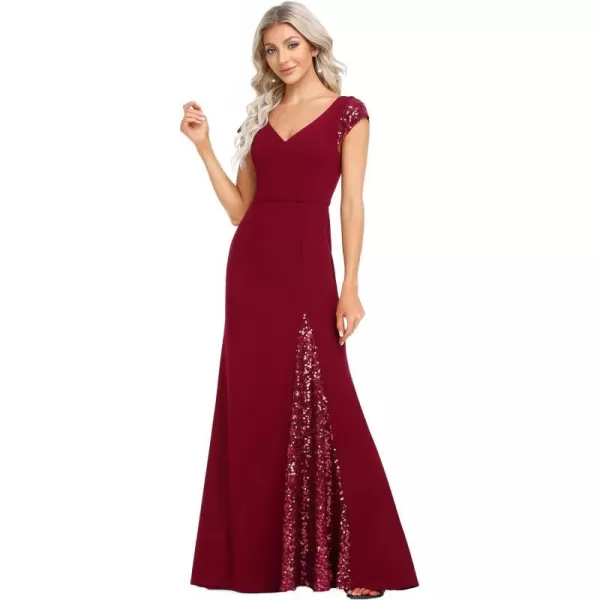 EverPretty Womens VNeck Cap Sleeves Sequin Mermaid FloorLength Evening Dresses 01586Burgundy