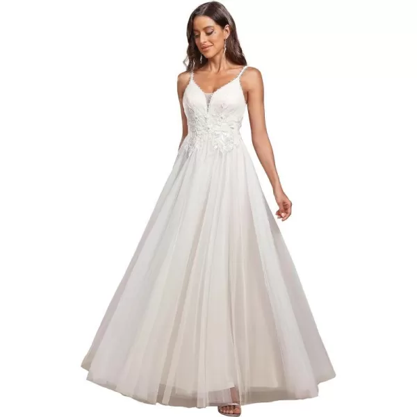 EverPretty Womens VNeck Lace Spaghetti Straps Embroidered Ruched Tulle Wedding Dress 0124AWhite