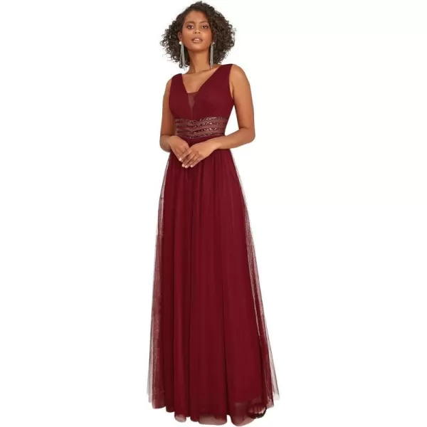 EverPretty Womens VNeck Pleated Sequin Sleeveless Tulle Long Evening Gowns 0062BBurgundy