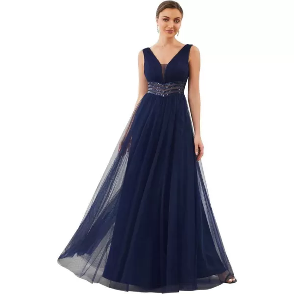 EverPretty Womens VNeck Pleated Sequin Sleeveless Tulle Long Evening Gowns 0062BNavy Blue