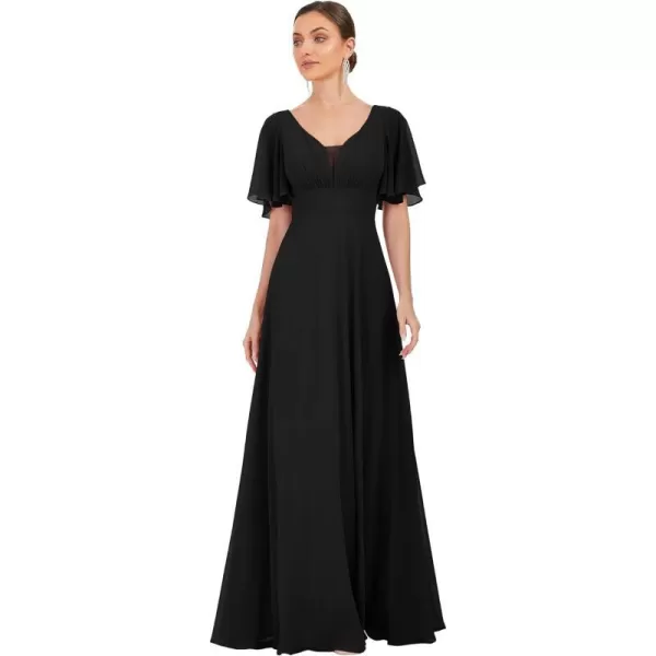 EverPretty Womens VNeck Ruffle Sleeve ALine Pleated Chiffon Maxi Evening Dress 0278ABlack