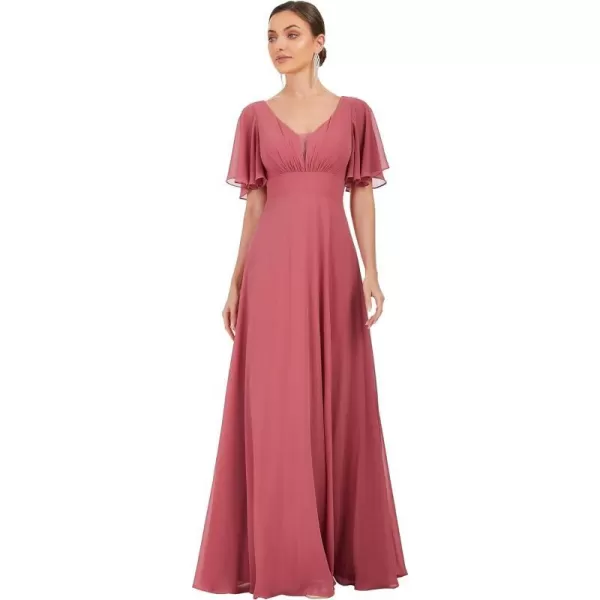 EverPretty Womens VNeck Ruffle Sleeve ALine Pleated Chiffon Maxi Evening Dress 0278ACame Brown