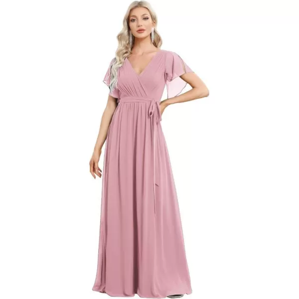 EverPretty Womens VNeck Ruffle Sleeves Ruched Bust Chiffon Floor Length Formal Dresses 0164AUSADusty Rose