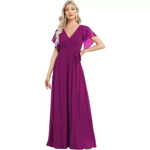 EverPretty Womens VNeck Ruffle Sleeves Ruched Bust Chiffon Floor Length Formal Dresses 0164AUSAFuchsia