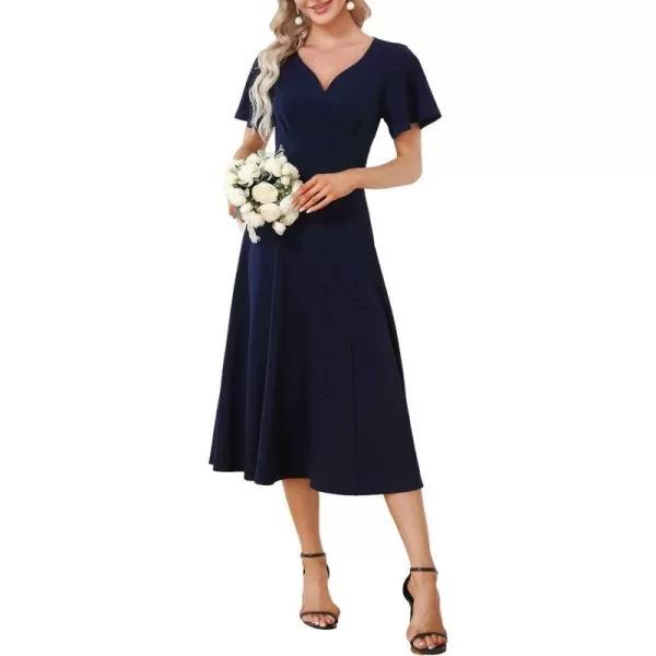 EverPretty Womens VNeck Ruffles Sleeves Pleated ALine Tea Length Formal Dresses 01577Navy Blue