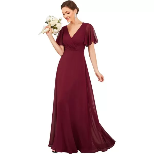 EverPretty Womens VNeck Ruffles Sleeves Ruched Hollow Out Chiffon ALine Maxi Bridesmaid Dresses 01472Burgundy