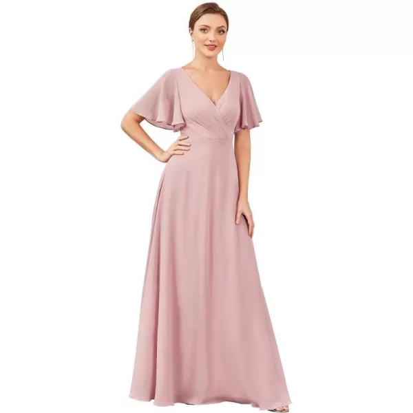 EverPretty Womens VNeck Ruffles Sleeves Ruched Hollow Out Chiffon ALine Maxi Bridesmaid Dresses 01472Dusty Rose